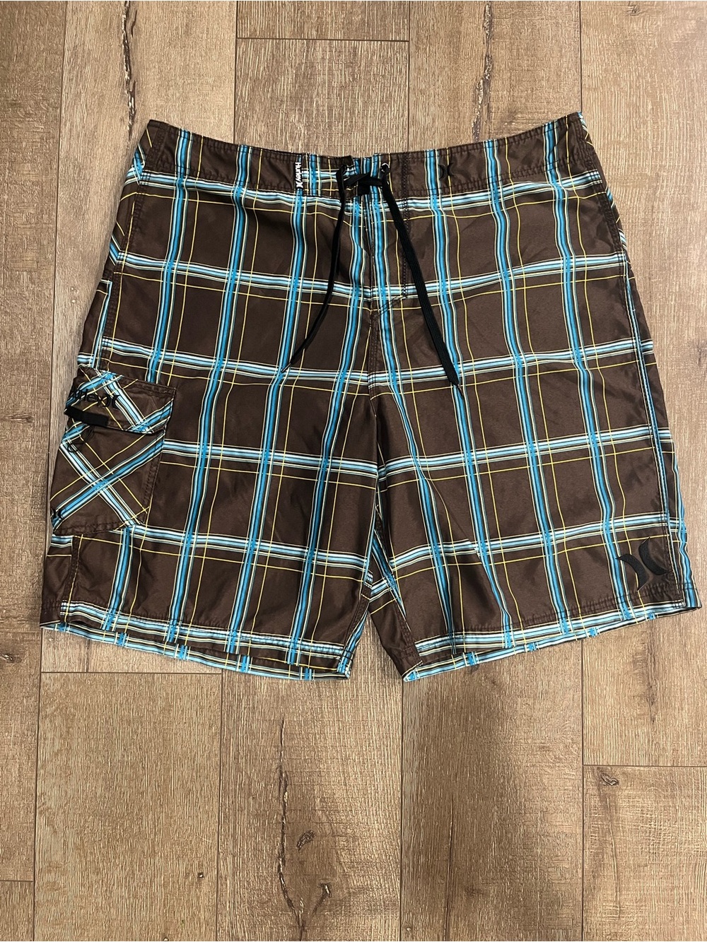 Hurley Brown Plaid Swim Board Shorts with Blue and Yellow Stripes